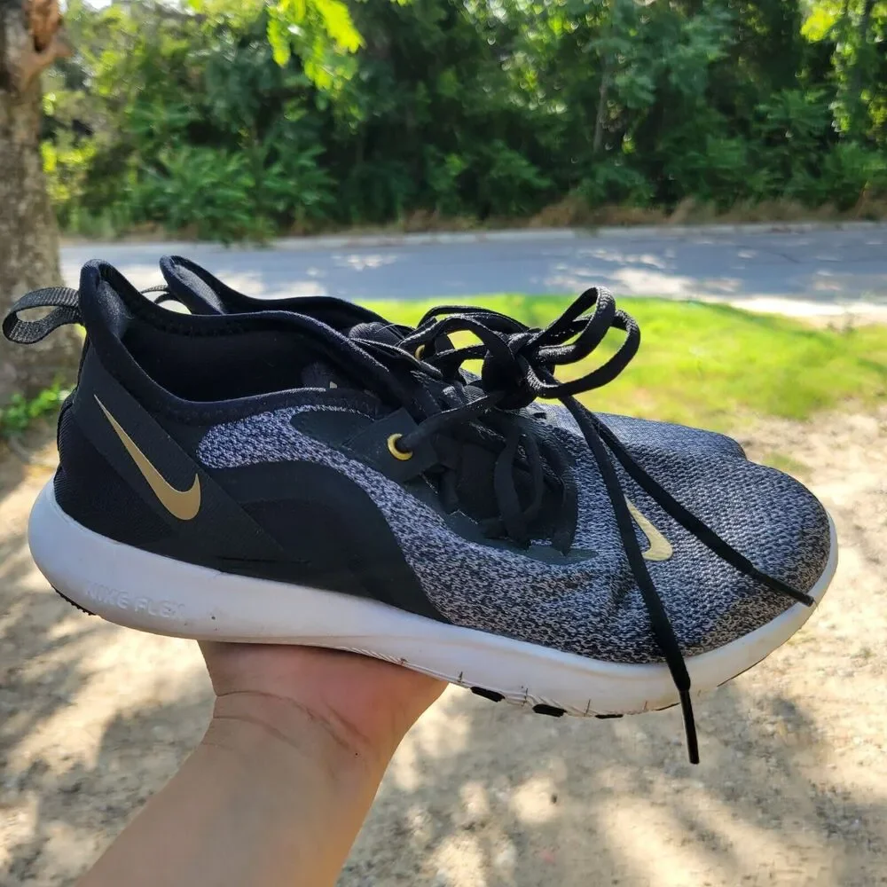 Nike Shoes‎ Womens 7 Athletic Sneakers Black Gold Swish Logo Mesh Upper Running